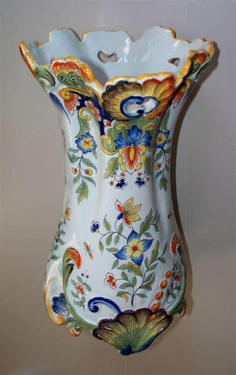 Antique French Faience Desvres Fourmaintraux Tin Glaze Rococo Vase