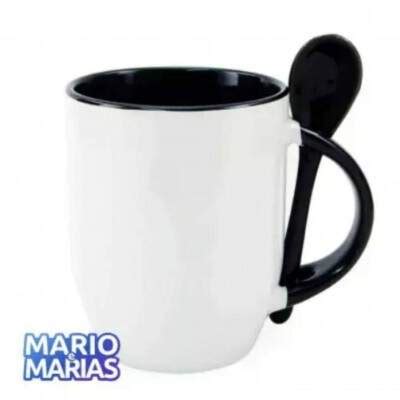 Caneca Colher Cerâmica Preto 325 ml Mario e Marias Loja