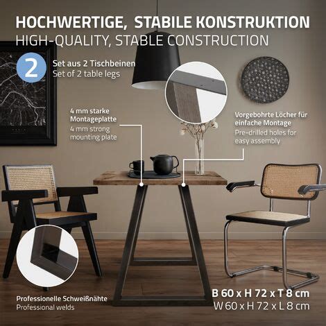 ECD Germany 2x Pieds de Table à Manger Trapèze 60 x 72 cm en Acier