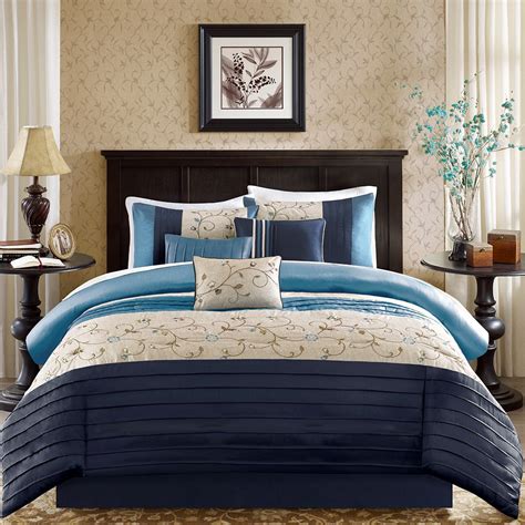 7pc Navy Blue And Taupe Embroidered Floral Comforter Set And Decorative