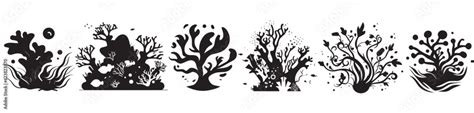 Coral Reef Black And White Vector Silhouette Illustration Stock Vector