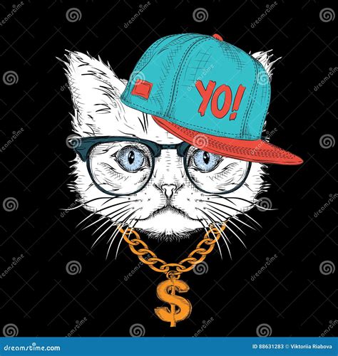 The Poster with the Image Cat Portrait in Hip-hop Hat. Vector ...