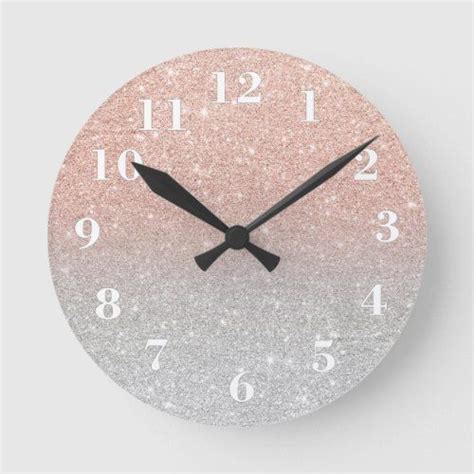 Girly Rose Gold Glitter Ombre Silver Glitter Round Clock Zazzle Clock Wall Clock T Rose