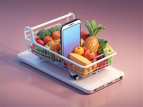 Premium Photo Online Market Grocery Basket And Smartphone In 3d