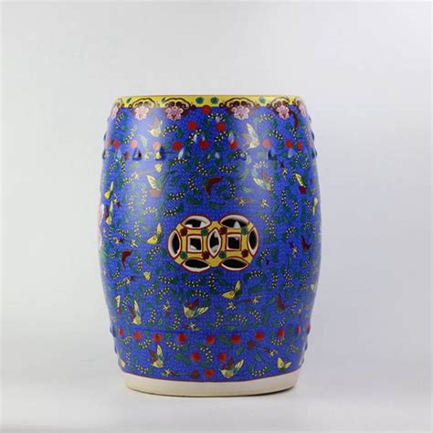 Rykb A Peony Butterfly Pattern Royal Ceramic Drum Stools Navy Blue