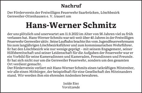 Traueranzeigen Von Hans Werner Schmitz Saarbruecker Zeitung Trauer De