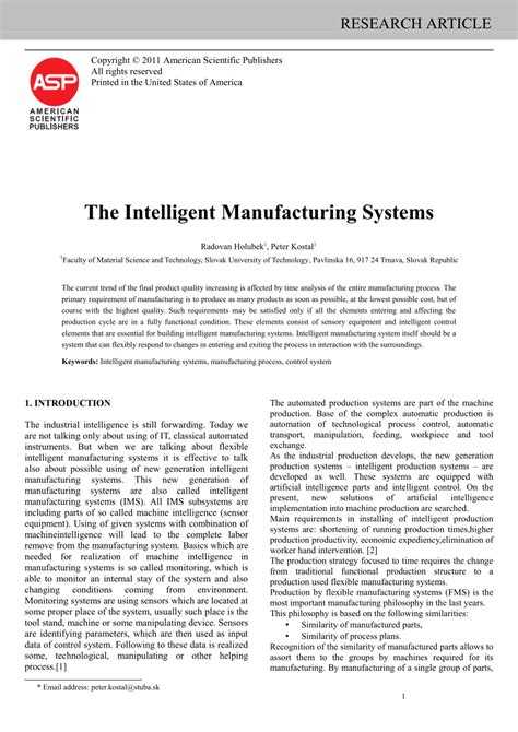 Pdf The Intelligent Manufacturing Systems