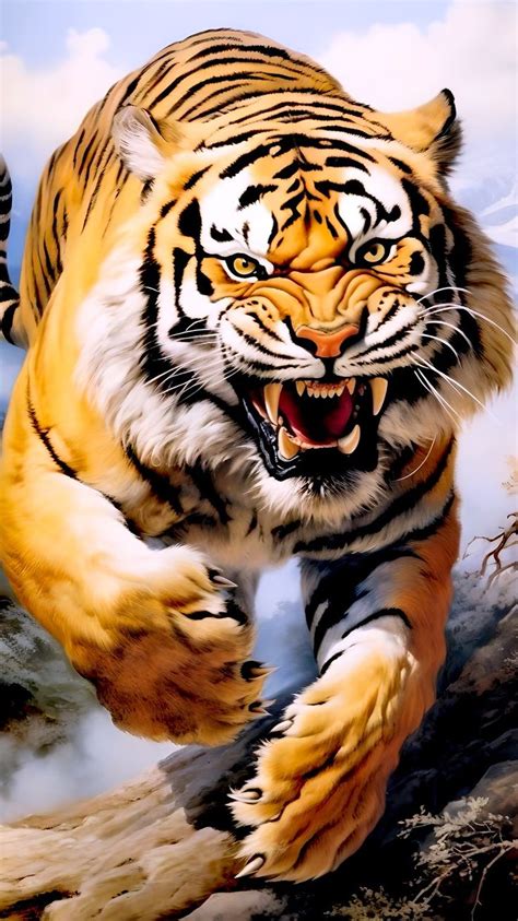 A Painting Of A Tiger Running Through The Air With It S Mouth Wide Open