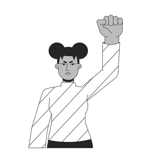 Young woman clenching fist and protest flat line black white vector