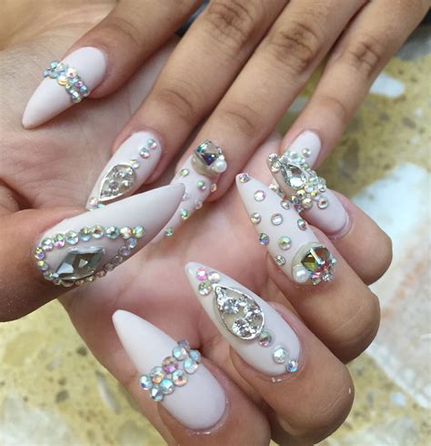 Prom Nails Long Stiletto Nude Matte With Gems Nailss Pinterest Prom Nails Bling Nails And