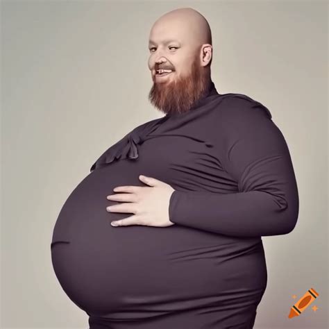 Fat Pregnant Bearded Egghead Bald Man Big Smile Holding Up Big Belly On Craiyon