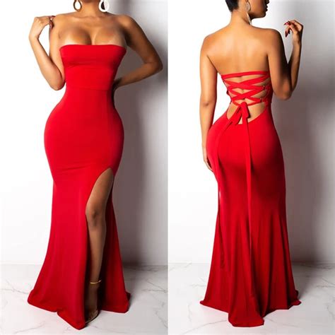 Bandage Sexy Bodycon Dress Party Night Club Wear Dress Split Backless Autumn Strapless Slim