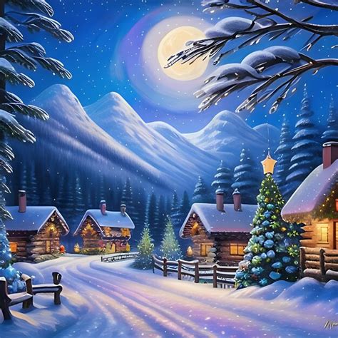 Premium AI Image | A painting of a snowy village with a christmas tree ...