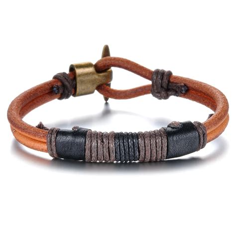 Classical Handmade Knitted Double Layer Brown Leather Man Bracelets