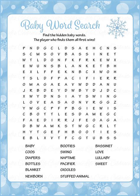 Word Search Baby Shower Game - Winter Baby Shower Theme for Baby Boy ...