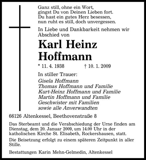 Traueranzeigen Von Karl Heinz Hoffmann Saarbruecker Zeitung Trauer De