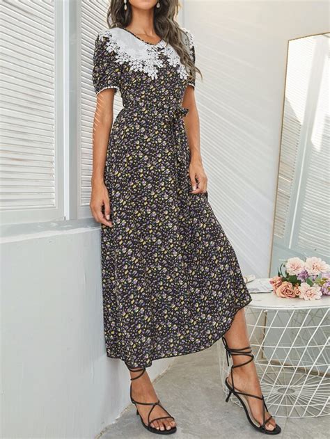 Shein Mulvari Ditsy Floral Print Guipure Lace Panel Belted Dress