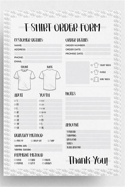 Shirt Order Form Template Custom T Shirt Order Form Template Etsy