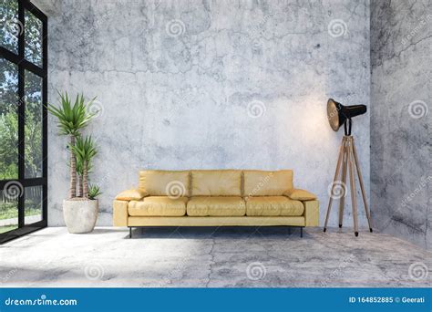 Interior Of Modern Loft Concrete Living Room With Retro Style Furniture