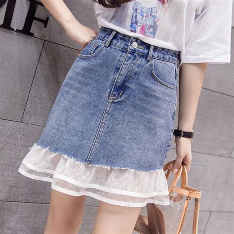 2018 Fashion New Spring Tulle Patchwork Denim Skirt Women Sexy Casual