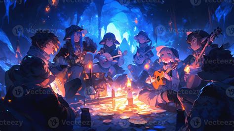 anime characters sitting around a campfire with candles and music ...