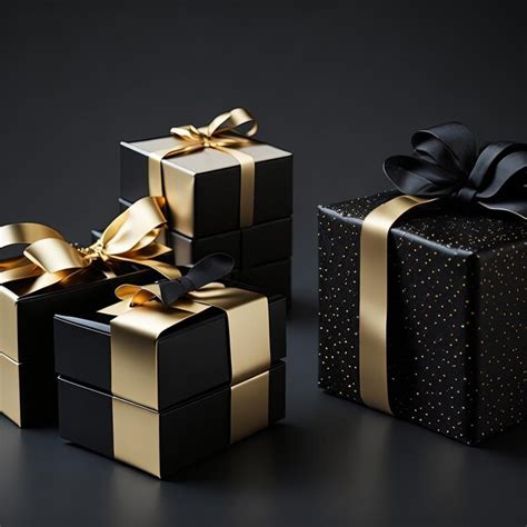 Premium Photo Three Black And Gold Gift Boxes With Gold Ribbons And Bows