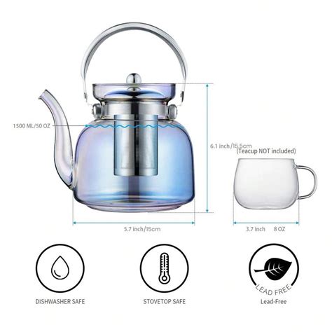 1 Pc 1500ml 50oz Rainbow Glass Teapot With Lid Removable Stainless