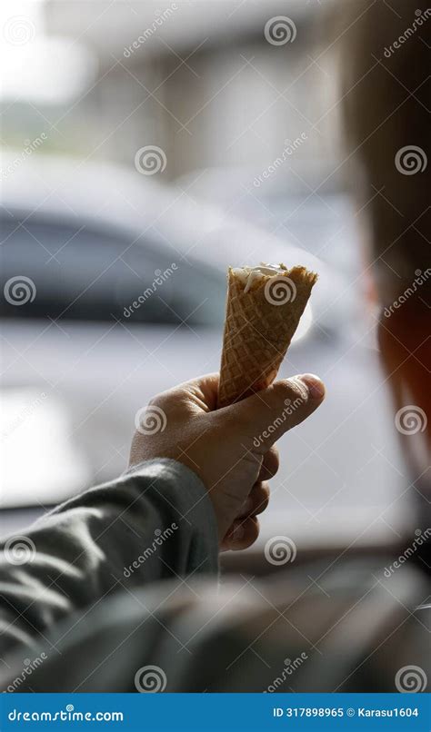 Baby Kid Hand Holding Big Ice Cream In Waffles Stock Image Image Of