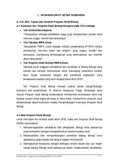 I Deskripsi Swot Setiap Komponen A Visi Misi Tujuan Dan Sasaran