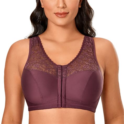 Delimira Womens Full Coverage Wirefree Lace Plus Size Front Closure Bra Racerback