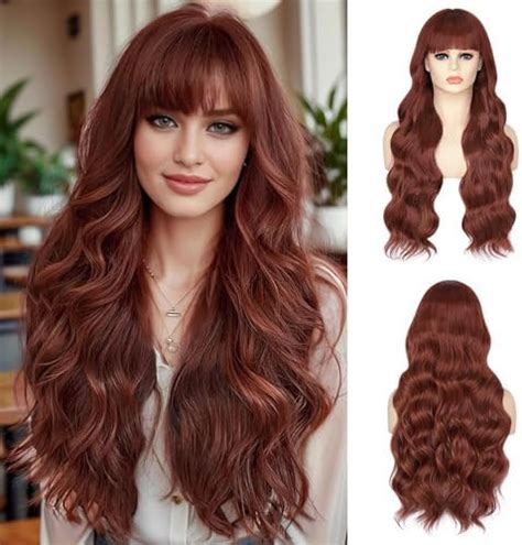 Suntefic Long Reddish Brown Wear And Go Glueless Wig With Bangs Auburn Glueless