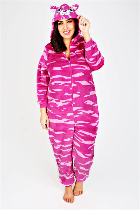 Pink Printed Fleece Onesie With Novelty Cat Hood Plus Size 14 To 36