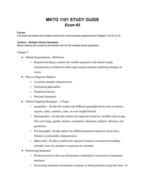 Exam 2 Study Guide Exam 2 Review MKTG 1101 STUDY GUIDE Exam Format