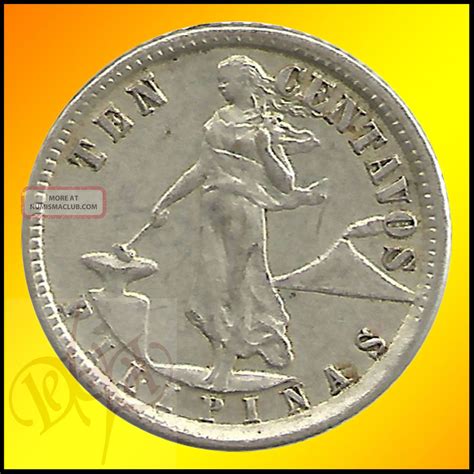 Us Philippines 10 Centavos 1921 Silver Coin