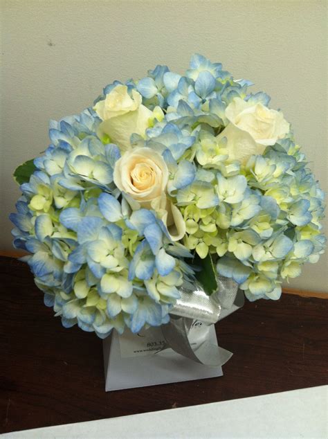 Blue Hydrangeas And White Roses Bridal Bouquet