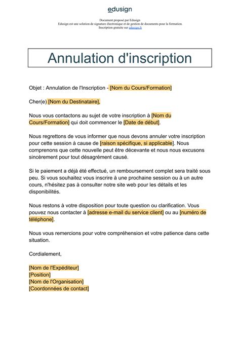 Annulation D Inscription Mod Le De Mail Ou De Lettre Gratuit Edusign