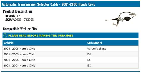 2001 2005 Honda Civic Automatic Transmission Selector Cable Tsk W0133 1713093