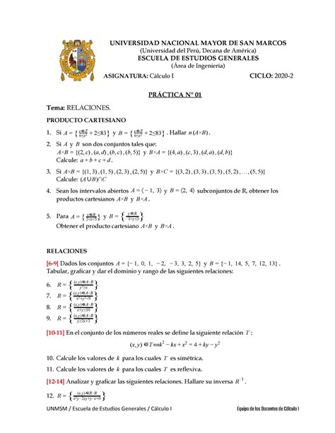 Práctica N°1 Calculo I Universidad Nacional Mayor De San Marcos Universidad Nacional Mayor De