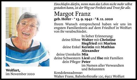 Todesanzeigen Von Margot Franz Todesanzeigen Vorarlberger Nachrichten