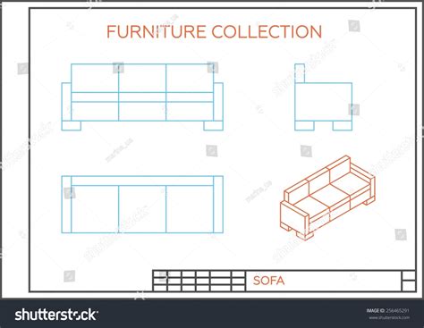 Blueprint Of Sofa Vector Front View Top View And Side View