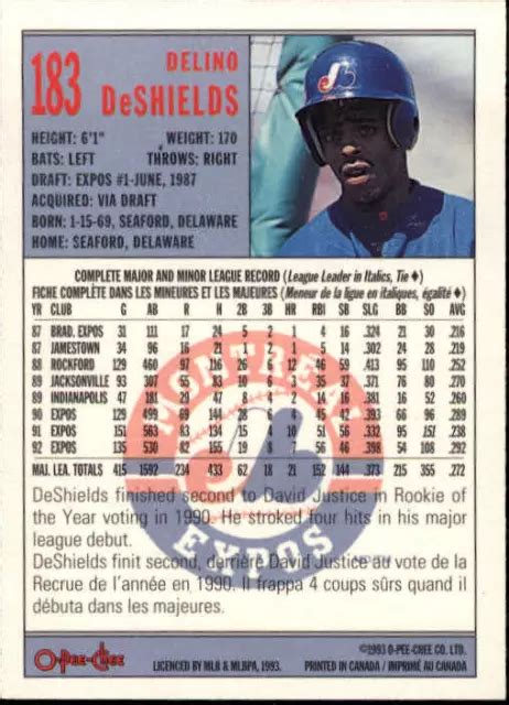 CARTE DE BASEBALL 1993 O Pee Chee Montréal Expos 183 Delino DeShields