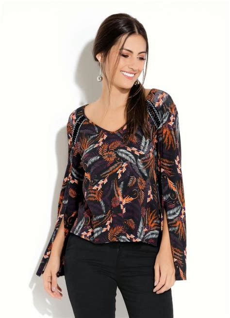 Blusa Mangas Longas Fenda Folhagens Quintess