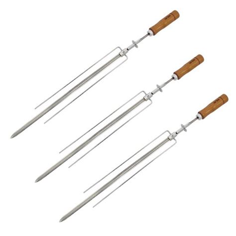 Kit 3 Espetos Triplo Grande Churrasqueira 75 Cm Aço Inox Madeira