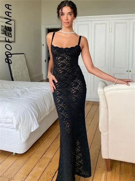 Boofeenaa Floral Lace Black Sheer Dresses Birthday Party Backless Slit