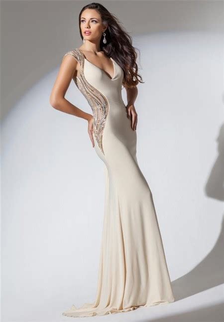 Mermaid V Neck Open Back Ivory Chiffon Beaded Long Evening Prom Dress