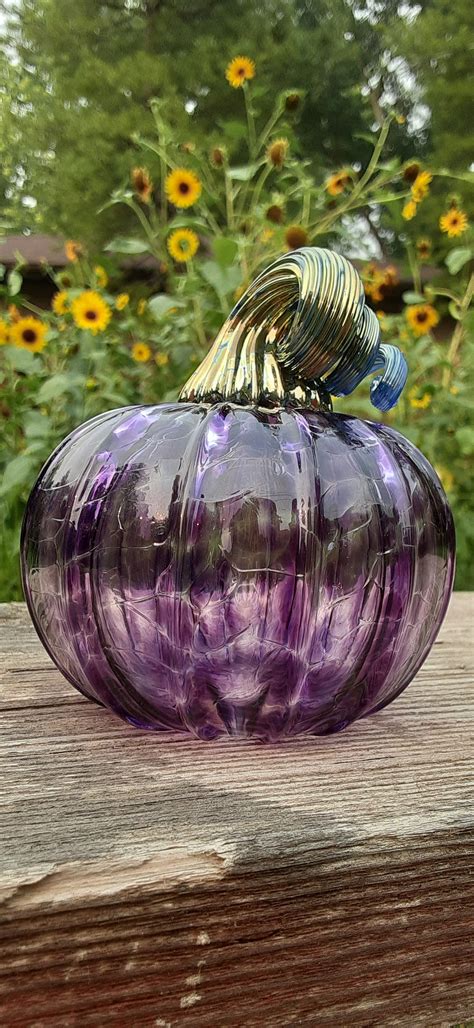 Purple Handblown Pumpkin Glass Pumpkin Halloween Decor Etsy