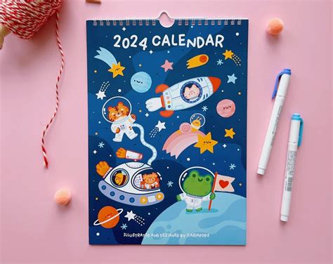 Seconds 2024 Wall Calendar A4 Size Happy Space Cover 12 Months Kawaii