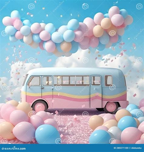 Vintage Retro Bus In Pastel Colors With Balloons Against The Blue Sky