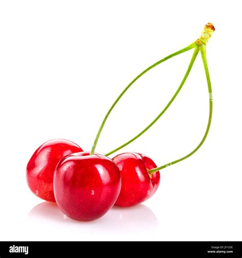 Three Ripe Cherries On A White Background Stock Photo Alamy