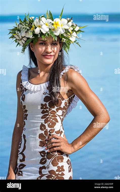 Young Woman With Flower Wreath From Frangipani South Pacific Raiatea